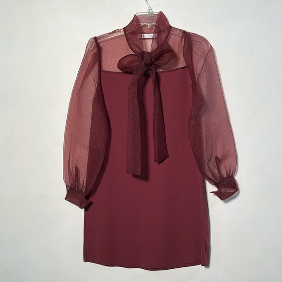 ZARA Bordeaux Organza High Bow Guest Party Blogger Favorite Knit Mini Dress SZ M - Picture 2 of 16